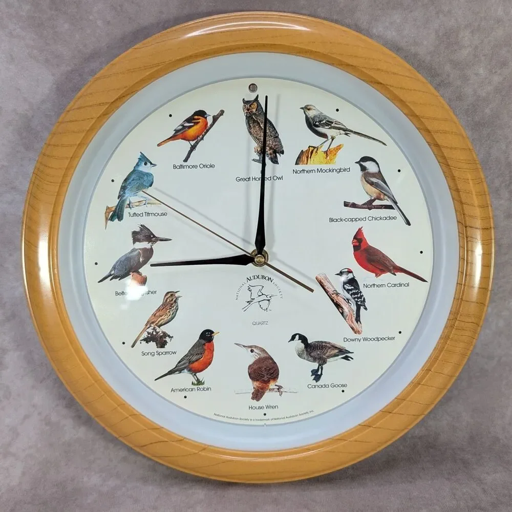 Audubon Singing Bird Clock 13 Inch Oak Finish Sound Tested Works Wall Mount